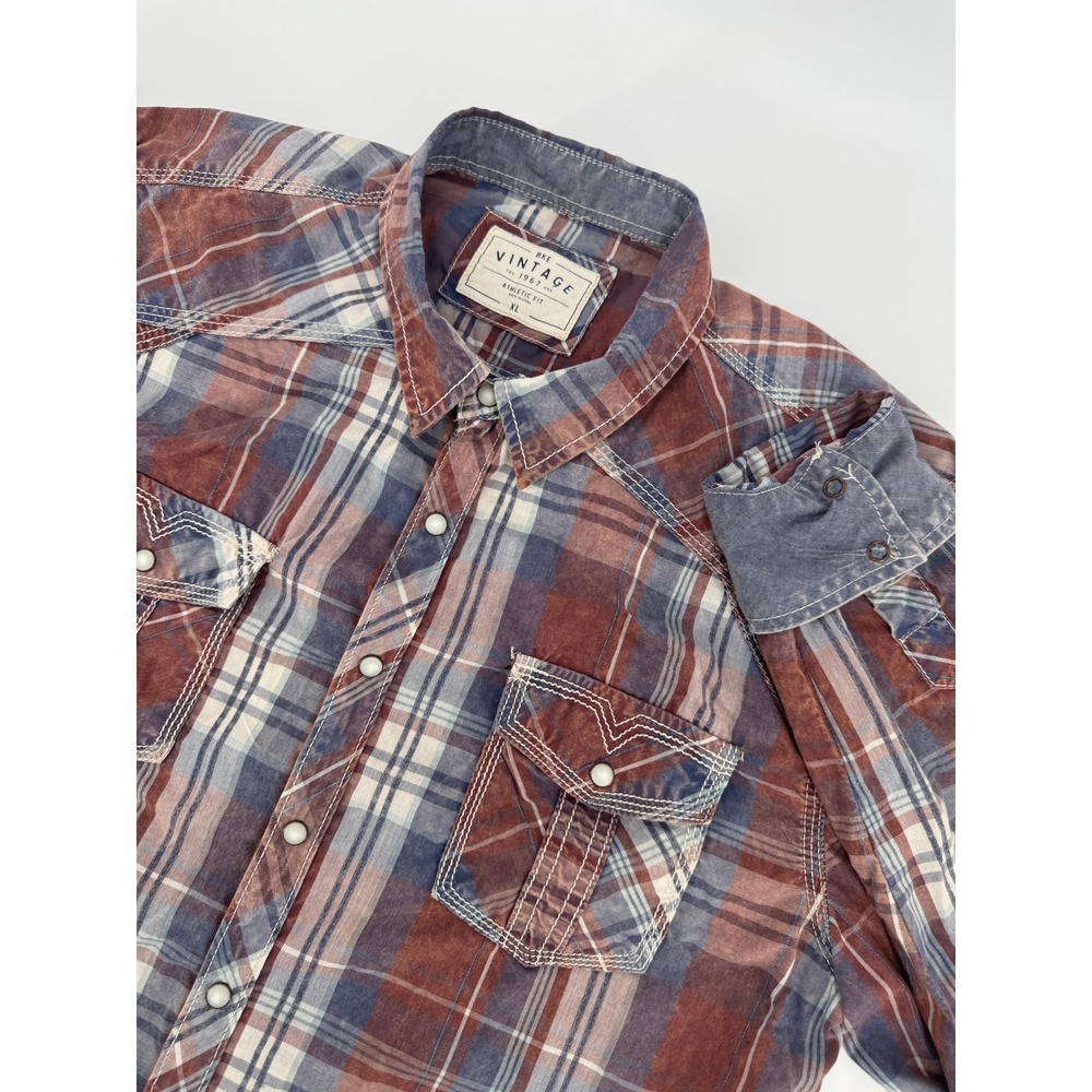 BKE Vintage 1967 Western Shirt Mens XL Pearl Snap Long Sleeve Plaid Flip Cuff